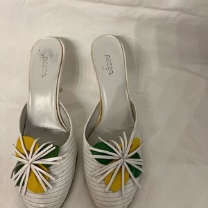 PAZZO White Mules with Green and Yellow Accents